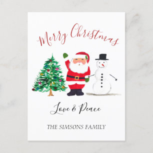 Watercolor Merry Christmas Santa Snowman Holiday Postcard
