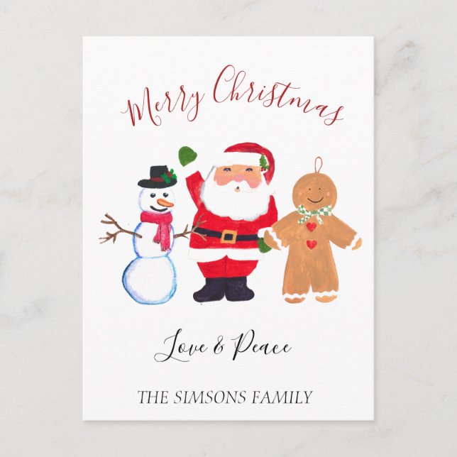 Watercolor Merry Christmas Santa Snowman  Holiday Postcard (Front)