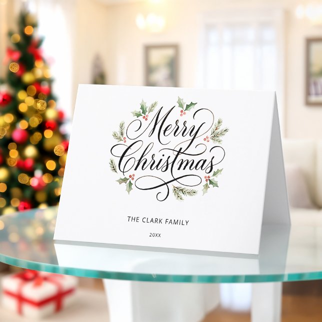 Watercolor Merry Christmas Script Botanical    Holiday Card (Creator Uploaded)