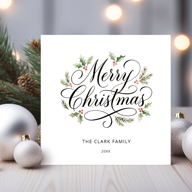Watercolor Merry Christmas Script Botanical        Holiday Card (Creator Uploaded)