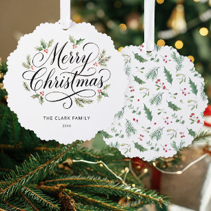 Watercolor Merry Christmas Script Botanical Tree Decoration Card