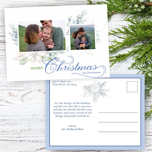 Watercolor Merry Christmas Script Juniper 2-Photo Holiday Postcard (Creator Uploaded)