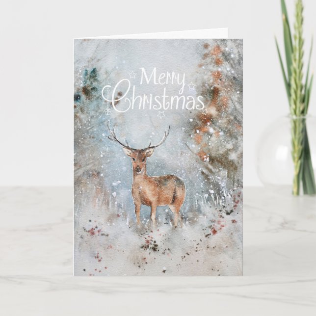 Watercolor Merry Christmas Snow Deer Woodland Holi Holiday Card (Front)