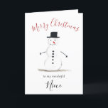 Watercolor Merry Christmas Snowman Niece Holiday Card<br><div class="desc">Merry Christmas niece card. Watercolor,  snowman,  Christmas tree,  non photo,  traditional card. Please personalise it with your details.</div>