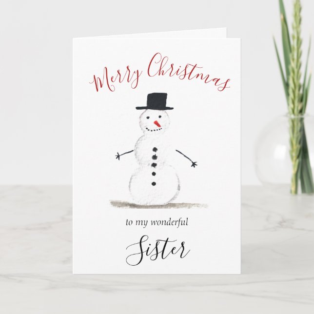 Watercolor Merry Christmas Snowman Sister Holiday Card (Front)