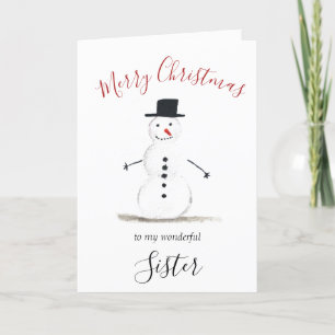 Watercolor Merry Christmas Snowman Sister Holiday Card