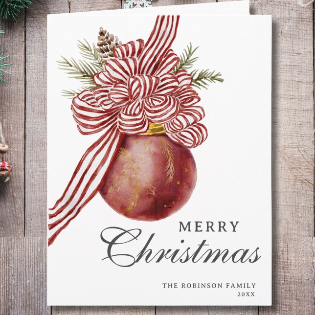 Watercolor Merry Christmas Striped Bow Ornament Card (Creator Uploaded)