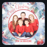 Watercolor Merry Christmas Winter Border Photo Square Sticker<br><div class="desc">A pretty scene of a winter wonderland of snow and pine trees with a 'Merry Christmas' greeting. Bordered by pine cones, berries and Christmas foliage and greenery, this holiday sticker allows for a photo and personalisation of all text. Add a personal touch to your Christmas cards and gifts this festive...</div>