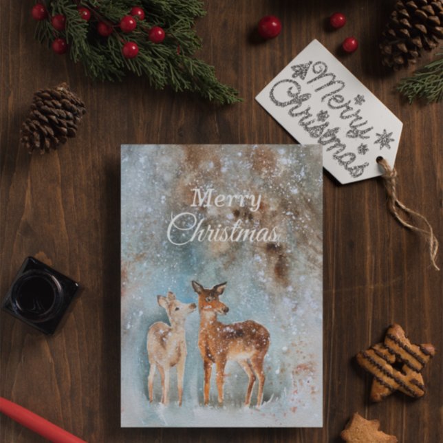 Watercolor Merry Christmas Winter Snow Fawn Deer Holiday Card (Creator Uploaded)