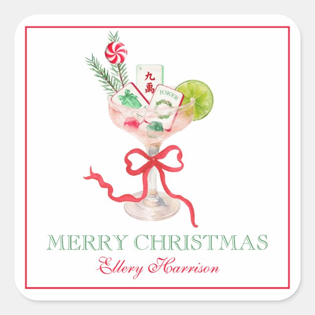 Watercolor Merry Mahjong Christmas Cocktail Party Square Sticker (Front)