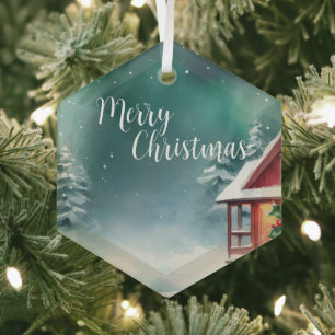 Watercolor merry wild Xmas Pine tree Holiday party Glass Tree Decoration