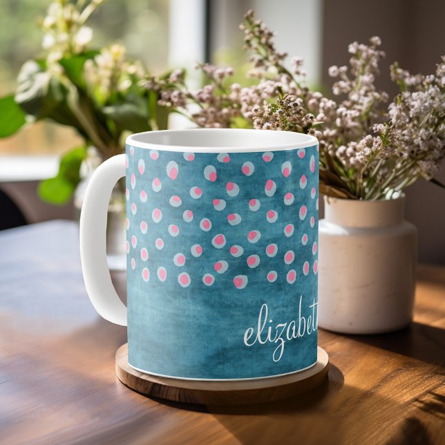 Watercolor Messy Polka Dots - blue and pink Coffee Mug (Personalized Coffee Mug)