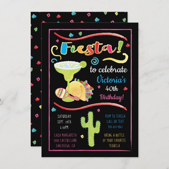 Watercolor Mexican Fiesta Birthday Invitation (Front/Back)