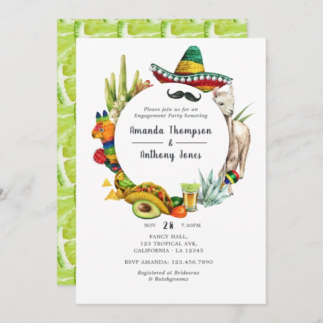 Watercolor Mexican Fiesta Engagement Party Invitation (Front/Back)