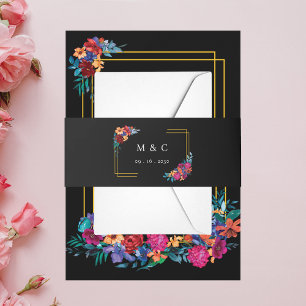 Watercolor Mexican Fiesta Flower Black Wedding Invitation Belly Band