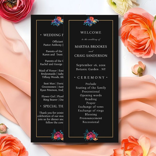 Watercolor Mexican Fiesta Flower Black Wedding Programme (Creator Uploaded)