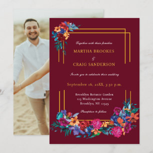 Watercolor Mexican Fiesta Flower Photo Wedding Invitation