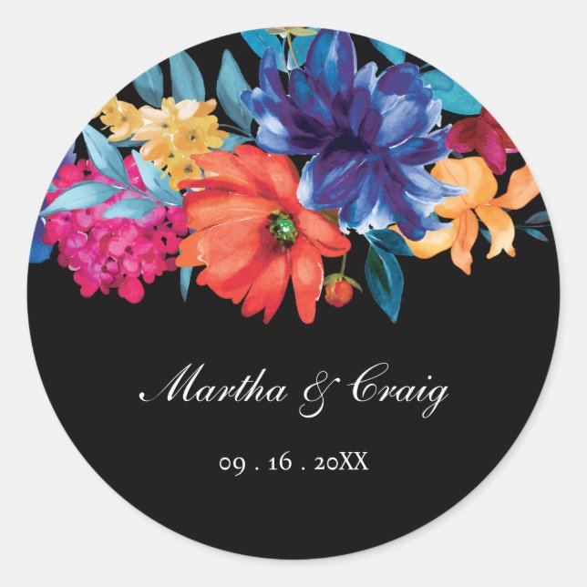 Watercolor Mexican Fiesta Flower Wedding Black Classic Round Sticker (Front)