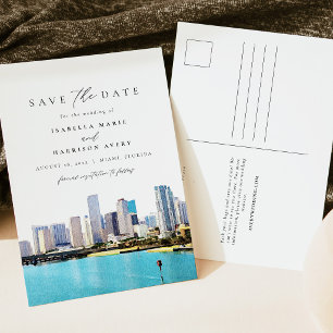 Watercolor Miami Florida Skyline Save the Date Postcard
