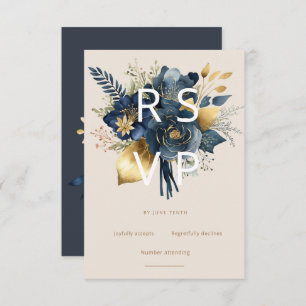 watercolor midnight blue gold floral rsvp card
