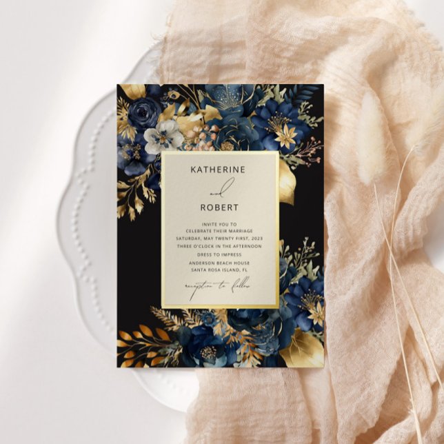 Watercolor Midnight Blue Gold Floral Wedding (Creator Uploaded)