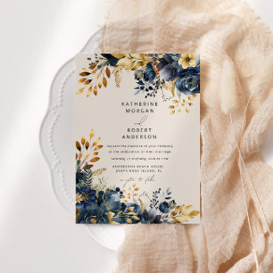 Watercolor Midnight Blue Gold Floral Wedding Invitation