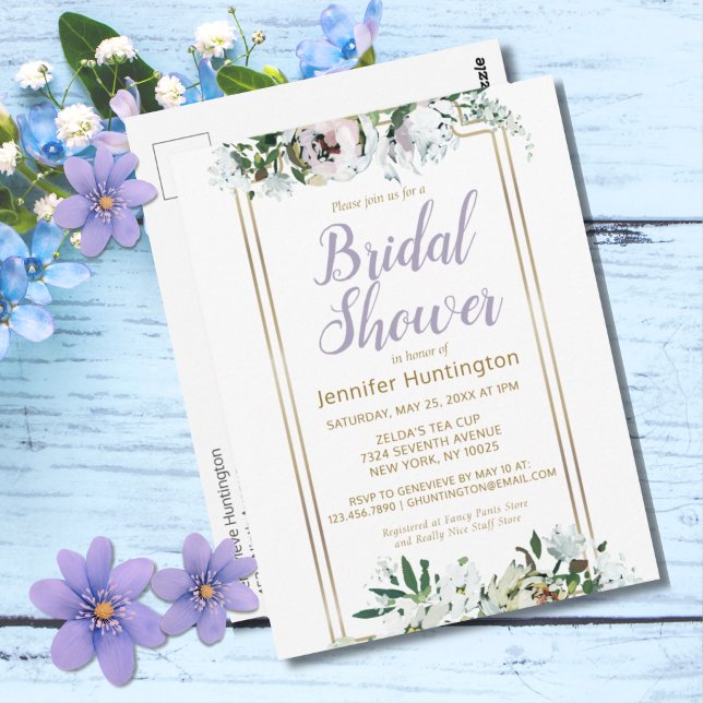 Watercolor Midsummer Floral Lavender Bridal Shower Postcard (Pretty Lavender Watercolor Roses Bridal Shower Invitation Postcard)