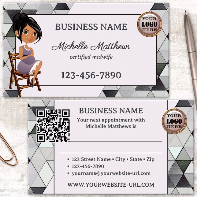 Watercolor Midwife Appointment Business Card (Business card for a midwife or doula featuring a watercolor triangle pattern and a pregnant woman)