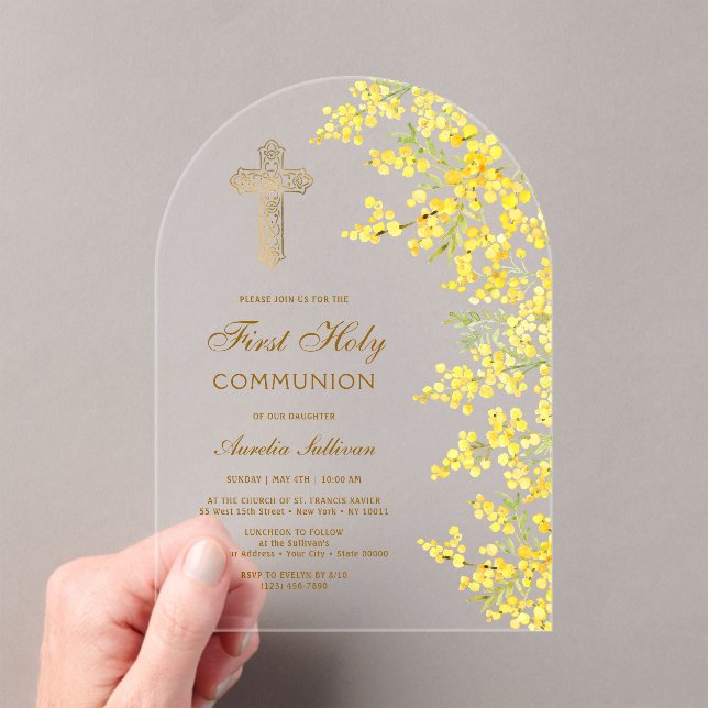 Watercolor Mimosa Arch First Communion Acrylic Invitations (Insitu (Handheld))