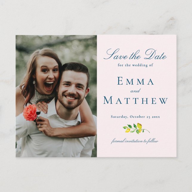 Watercolor MInimalist Lemon - QR & Photo Announcement Postcard (Front)