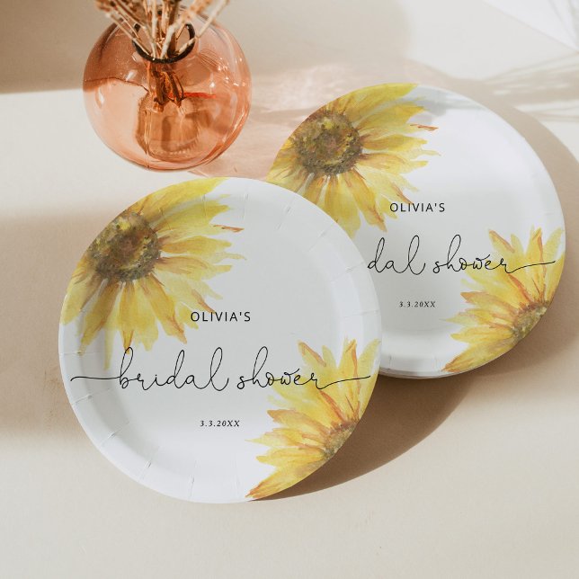 Watercolor minimalist sunflower bridal shower paper plate (Creator Uploaded)