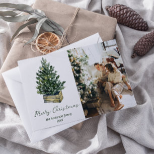 Watercolor Minimalist Tree Photo Merry Christmas Holiday Card