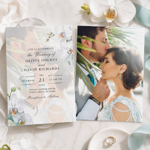 Watercolor Minimalist White Orchid Photo Wedding Invitation