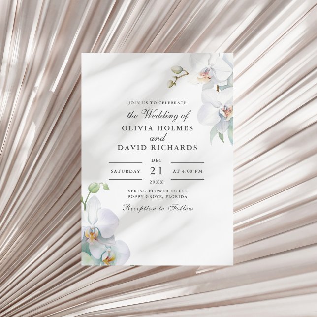 Watercolor Minimalist White Orchid Wedding Invitation (Watercolor Minimalist White Orchid Wedding Invitation on a white dry palm leaf.)