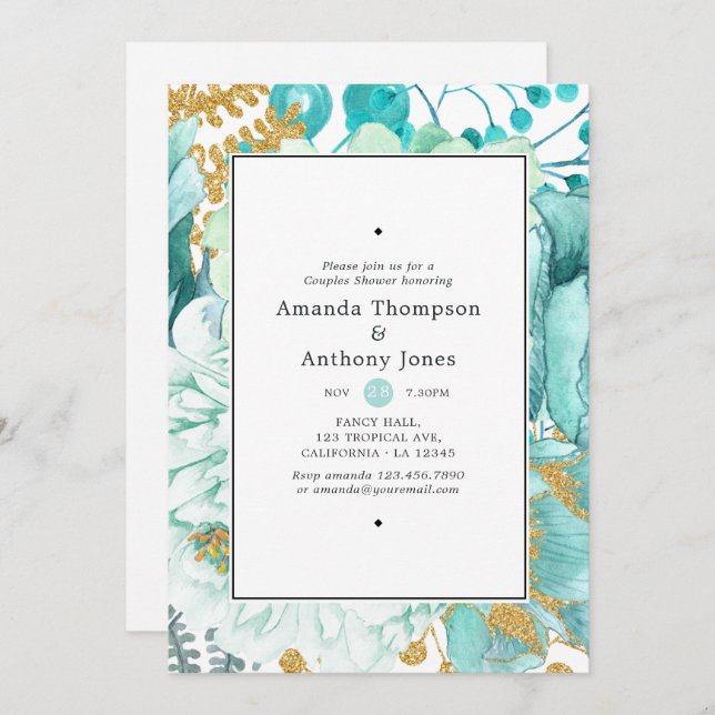 Watercolor Mint Floral Couples Shower Invitation (Front/Back)
