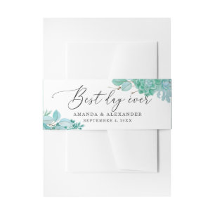 Watercolor mint floral succulent. Delicate wedding Invitation Belly Band