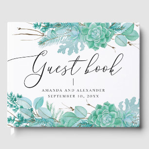 Watercolor mint floral succulents winter wedding guest book