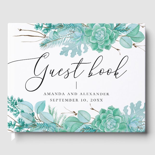 Watercolor mint floral succulents winter wedding guest book (Front)