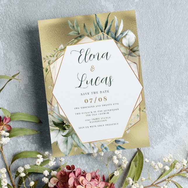 Watercolor mint gold foliage geometric wedding invitation (Watercolor mint gold foliage geometric wedding )