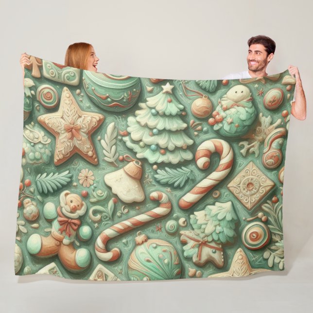 Watercolor Mint Green Christmas Motifs Holiday Fleece Blanket (In Situ)