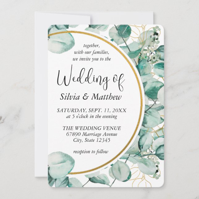 Watercolor Mint Green Leaves Wedding Invitation (Front)