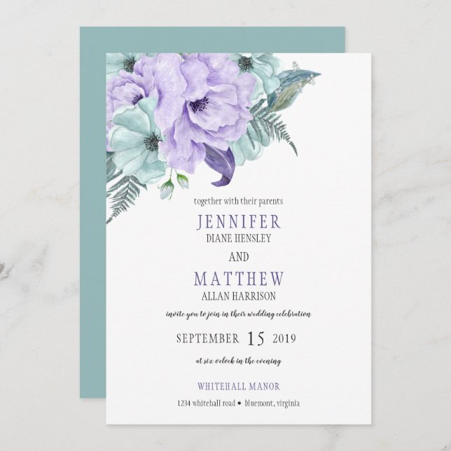 Watercolor Mint Lavender Purple Peonies Wedding Invitation (Front/Back)