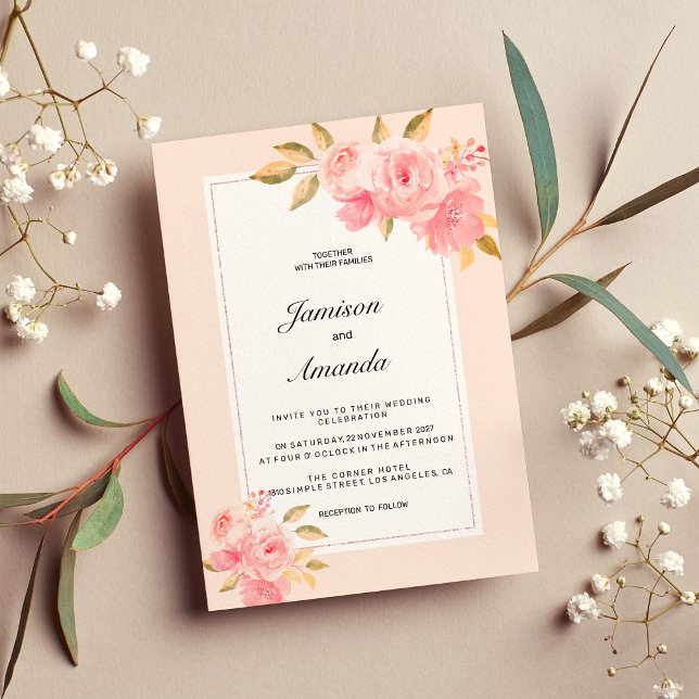 Watercolor mint pastel pink floral Wedding Invitation (Watercolor mint pastel pink floral Wedding )