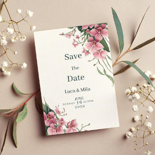 Watercolor mint pink orchid floral Save the Date Invitation