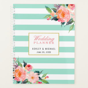 Watercolor Mint Stripes Floral Wedding Planner