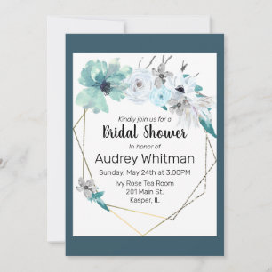 Watercolor Mist Blue Grey Teal Floral Gold Frame Invitation