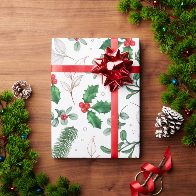 Watercolor Mistletoe and Pine Branch Wrapping Paper (Holiday Gift)