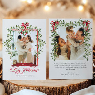 Watercolor Mistletoe & Bow 2-Photo Merry Christmas Holiday Card