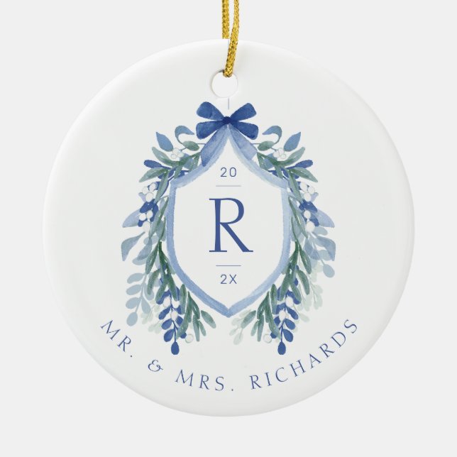Watercolor Mistletoe Crest Monogram Ornament (Front)