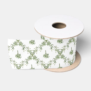 Watercolor Mistletoe Floral Christmas Satin Ribbon